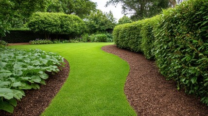 Serene garden allotment featuring lush, fertilized vegetable beds surrounded by rich, dense mulch.