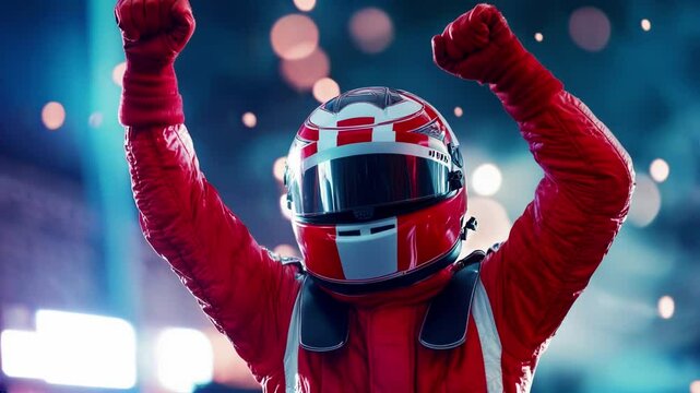 Silhouette of race car driver celebrating victory in the race against bright stadium lights and falling confetti. 