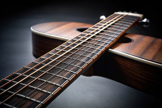 Acoustic guitar fretboard isolated on dark background with forced perspective