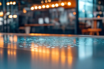 Abstract blurred bokeh lights background with a shiny surface.