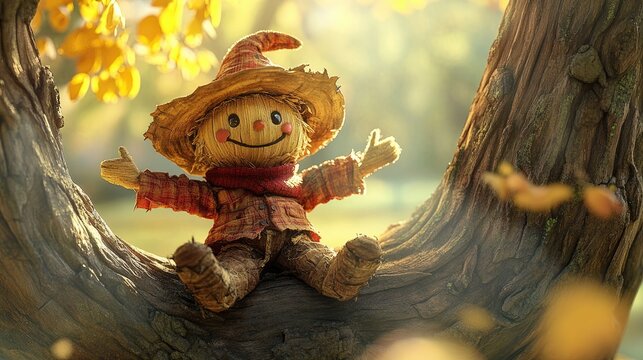 Cheerful scarecrow seated in a weathered tree trunk under bright sunlight evoking feelings of joy and whimsy