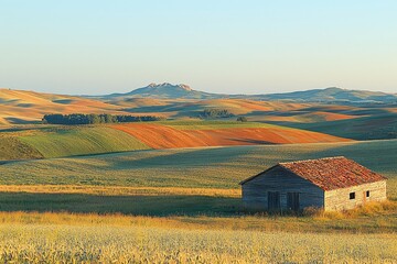 Serene countryside landscape with rolling hills and rustic barn at sunset