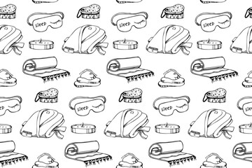 Sauna accessories sketch vector background. Hand drawn spa elements collection. Doodle sauna seamless pattern on white background.