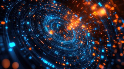 Obraz premium Captivating Abstract Digital Art Showcasing Concentric Circular Patterns and Glowing Dots Against a Dark Background, Representing Advanced Technology and Innovation in a Modern Digital Era