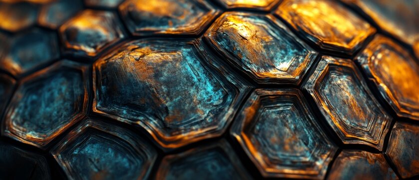 The close-up of a turtle shell reveals a mesmerizing pattern of hexagonal scales in earthy tones, glistening with a metallic sheen.
