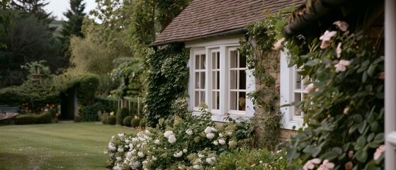 Fototapeta premium A charming countryside cottage enveloped in lush greenery and blooming flowers, evoking a sense of serene pastoral beauty and natural harmony.