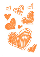 A set of orange hearts hand-drawn with a felt-tip pen. Heart, love, hand-drawn marker. A heart isolated on a white background for design