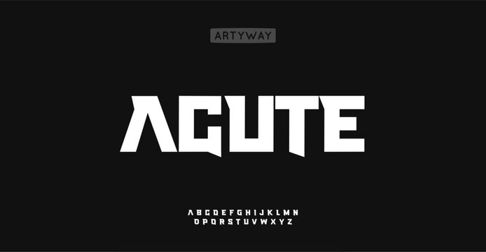 Bold acute alphabet, sharp rectangular letters, sturdy geometric font for impactful headline, strong industrial logo, edgy game title, sport branding and teamswear. Vector typeset.