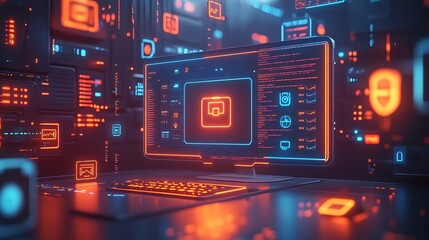 Obraz premium Advanced IT Administrators Deploying Security Patches with Futuristic Digital Interface for Vulnerability Management and Patch Strategies at Night