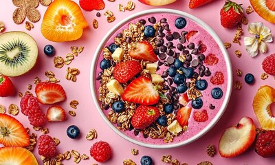 A vibrant smoothie bowl topped with fruits, granola, and chocolate chips on a pink background. - Powered by Adobe