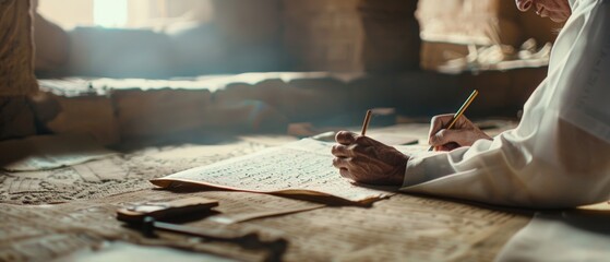 Obraz premium In a warmly lit setting, an older person writes with concentration on ancient scripts, surrounded by historical artifacts, blending the past with the present.