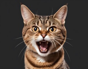 Naklejka premium Angry surprised cat is screaming with its mouth wide open, looking curiously at the camera