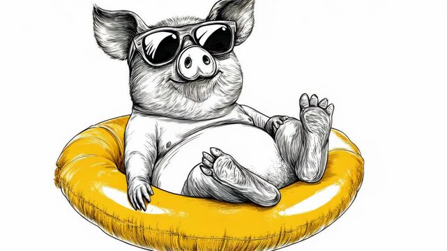 A pig wearing sunglasses relaxes in an inflatable ring