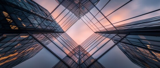 Skyscrapers form a triangular pattern as they soar into the sky, capturing the essence of modern metropolis development against a serene backdrop.