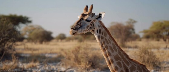 Obraz premium A lone giraffe gracefully wanders the sunlit savannah, framed by acacia trees and distant mountains.