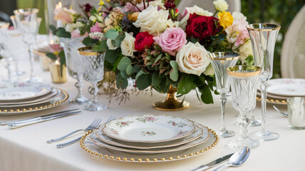 Fototapeta premium Elegant Wedding Table Setting with Floral Centerpiece and Gold Accents