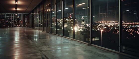 The bustling city gleams under the night's embrace as towering glass buildings overlook a sprawling, illuminated urban landscape.