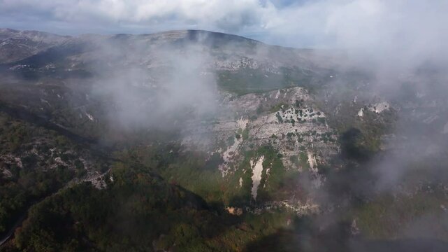 Aerial top view of Col de Vence in Provence in the clouds