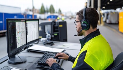 A worker in a high-visibility jacket monitors operations at a control station with multiple screens in a logistics facility.