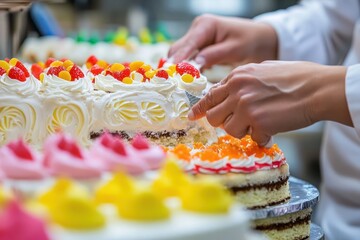 A Baker Decorating Cakes with Whipped Cream and Fruit