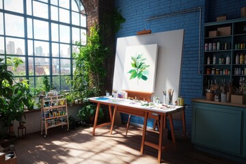 Stylish art studio featuring a canvas, vibrant colors, and creative tools for artistic inspiration.