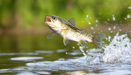 A leaping fish splashes through the water, showcasing its vibrant colors and agility against a lush green background.