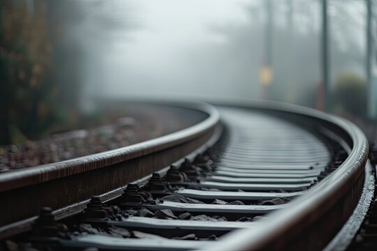 A train track is winding its way through a fogladen forest