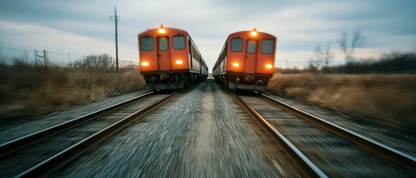 Two trains race toward each other on parallel tracks in a dynamic display of speed and symmetry.