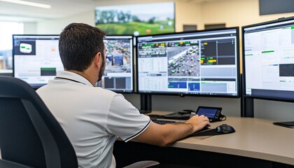 A professional monitoring center with a person sitting in front of multiple screens, analyzing data and visuals for operational insights.
