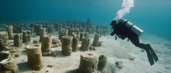 A scuba diver explores mysterious underwater structures, resembling ancient columns, surrounded by clear, tranquil sea water.