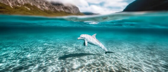 Naklejka premium A solitary dolphin swims gracefully in the clear turquoise sea, its shadow dancing over the sunlit sandy bottom.