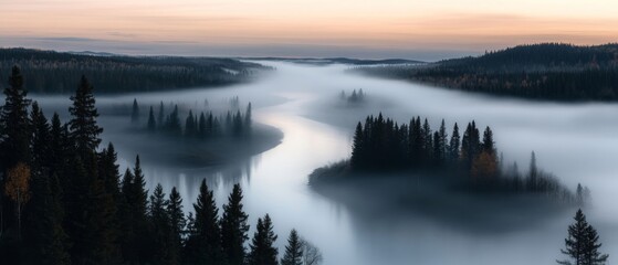 A misty river shrouded in morning fog winds through a dense forest, creating an ethereal and mysterious landscape bathed in soft sunset hues.