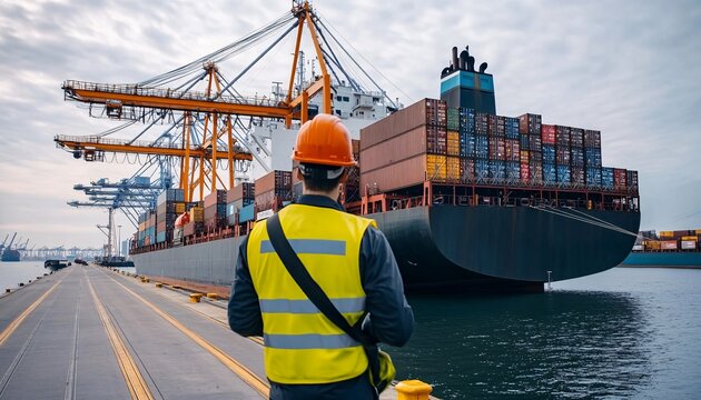 A dock worker monitors the loading of a cargo ship, surrounded by towering cranes and containers, set against a cloudy sky.