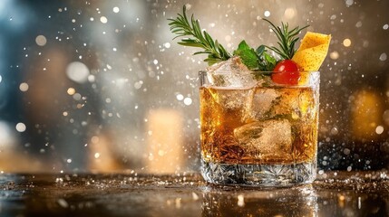 An Iced Cocktail with Rosemary, Mint, and a Cherry Garnish