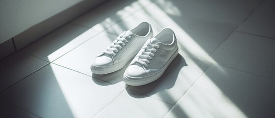 Pristine white sneakers sit in sunlight streaming through a window, casting shadows on a tiled floor, embodying simplicity and modern style.
