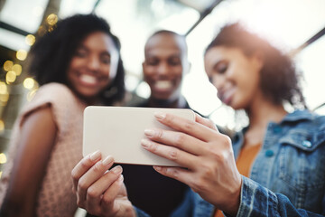 Hands, selfie and friends in group at club with smile, celebration and memory at social event. Women, men and happy with photography, app and profile picture with social media at party for new year