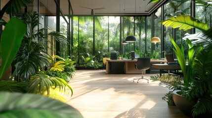 Obraz premium green psychology practitioners in Latin America, eco-friendly office design, plants and natural light,