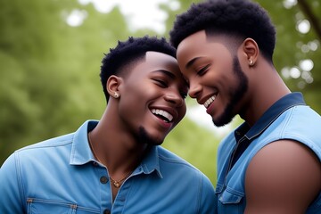 Fototapeta premium ia generated. Young African gay couple together in nature. Two affectionate African male lovers smiling happily while hugging against a nature background. Young gay couple being romantic