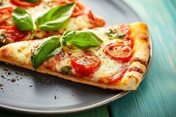 Close-up of a slice of pizza with tomato, mozzarella, and basil on a black plate