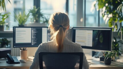 Young Woman Working at a Desk with Dual Monitors
