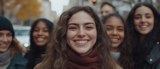 Obraz premium Friends pose joyfully on a city street, their bright smiles capturing a moment of spontaneous happiness amid urban life.