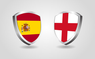 Spain vs England flag shields on a white background, Football soccer championship competition vector illustration