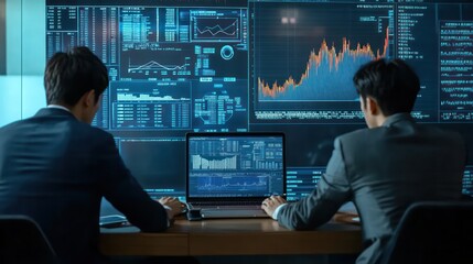 investment funding team in South Korea, analyzing financial strategies, modern workspace with charts and laptops,