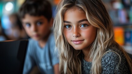 Fototapeta premium A smiling girl with long hair in a classroom, a boy is in the background.