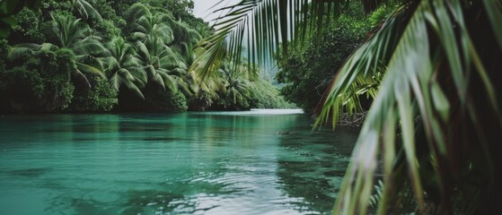 Naklejka premium A tropical river winds through lush greenery, creating a serene and tranquil jungle escape.