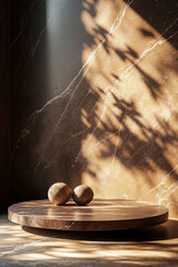 Obraz premium Two wooden balls sitting on top of a marble table