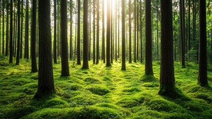 Obraz premium Lush Woodland Serenity, a vibrant forest scene with thick greenery, a soft moss underfoot, and gentle sunlight filtering through the leaves, embodying the essence of nature's beauty.
