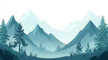 A misty mountain landscape with snowy peaks and pine trees in the foreground.