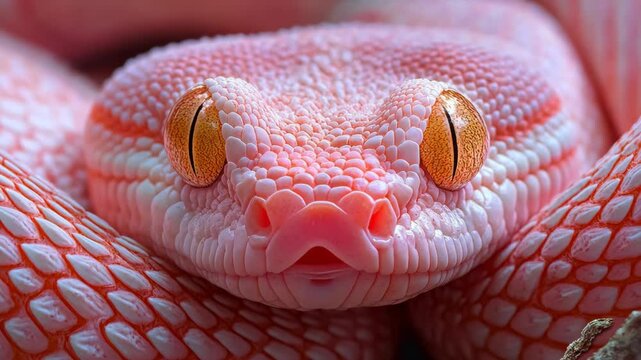 A pink snake with orange eyes stares directly at the camera, its scales shimmering in the light