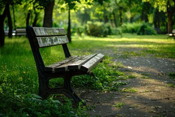 Empty park bench is waiting under the trees on a sunny spring morning